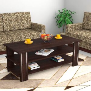 Leonid Engineered Wood Contemporary Style Rectangular 3 Layer Coffee/Centre Table with Metal Stripped Legs for Living Room- Flowery Wenge