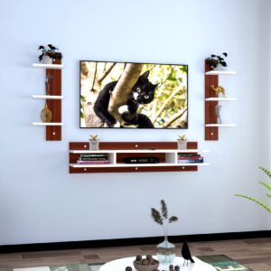 Florian Engineered Wood Wall Mount TV & Entertainment Unit Stand with Wall Shelves Classic Walnut & Frosty White Finish- Ideal for Up to 43" Screen