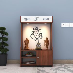 MINIDEVLOK Beautiful Wooden Pooja Stand for Home, Temple, Office, Wall Mounted Puja Mandir with LED Spot Light, Color ( Walnut & White )