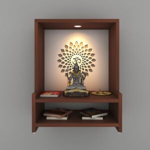 URJA Beautiful Wooden Pooja Stand for Home, Temple, Office, Wall Mounted Puja Mandir with LED Spot Light, Color ( Walnut & White )
