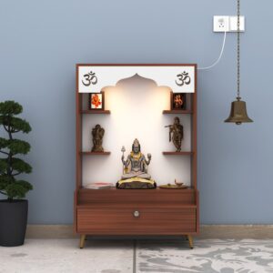DIVINE EDGE Beautiful Wooden Pooja Stand for Home, Temple, Office, Wall Mounted Puja Mandir with LED Spot Light, Color (Walnut & White)
