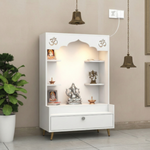 DIVINE EDGE Beautiful Wooden Pooja Stand for Home, Temple, Office, Wall Mounted Puja Mandir with LED Spot Light, Color ( Frosty White )