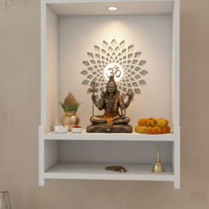 URJA Beautiful Wooden Pooja Stand for Home, Temple, Office, Wall Mounted Puja Mandir with LED Spot Light, Color ( Frosty White )