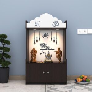 MADHAVA Beautiful Wooden Pooja Stand for Home, Temple, Office, Wall Mounted Puja Mandir with LED Spot Light, Color ( Wenge & White )