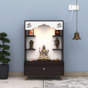 DIVINE EDGE Beautiful Wooden Pooja Stand for Home, Temple, Office, Wall Mounted Puja Mandir with LED Spot Light, Color (Wenge & White)