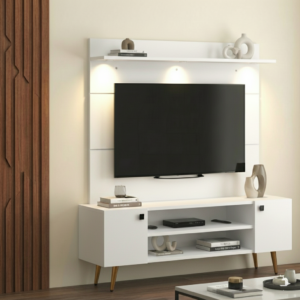 Maple Modern Floor Standing TV Cabinet with Storage Shelves Freestanding TV Unit and Wall Shelf Set for Living Room Fits up to 55 Inch TV White Finish